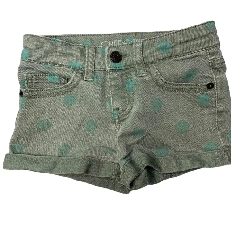 Cherokee XS jean green teal dots snap cuff shorts - Picture 1 of 4